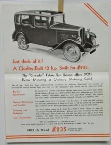 1931 1932 Swift Crusader Fabric Sun Saloon English Car Sales Folder Original
