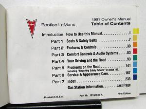 1991 Pontiac LeMans Operator Owner Manual Original