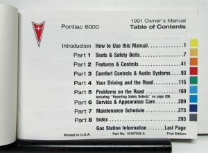 1991 Pontiac 6000 Operator Owner Manual Original