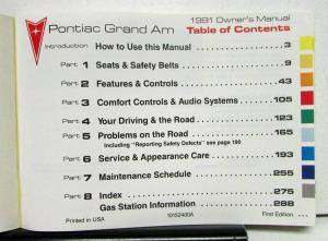 1991 Pontiac Grand Am Operator Owner Manual Original