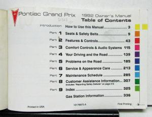 1992 Pontiac Grand Prix Operator Owner Manual Original