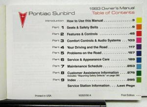 1993 Pontiac Sunbird Operator Owner Manual Original W/Softcover