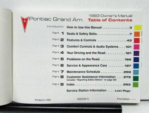 1993 Pontiac Grand Am Operator Owner Manual Original W/Softcover