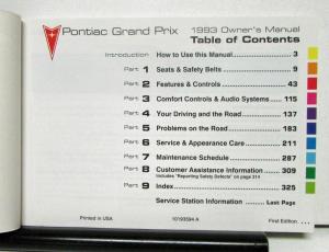 1993 Pontiac Grand Prix Owner Operator Manual Original 1st Edition