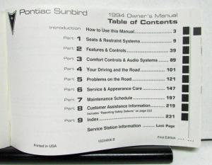 1994 Pontiac Sunbird Operator Owner Manual Original