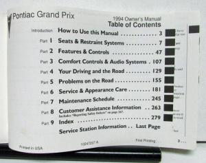 1994 Pontiac Grand Prix Operator Owners Manual Original