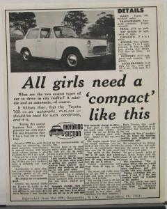 1964 Toyota 700 2 Door Sedan Sales Sheet Reprint The SUN Sept 11 64 Australia