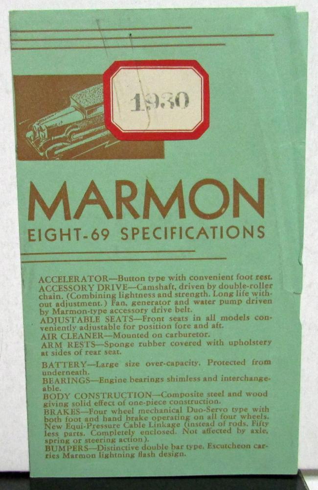 1930 Marmon Eight 69 Dealer Pocket Sales Brochure Specs Leaflet Data Facts
