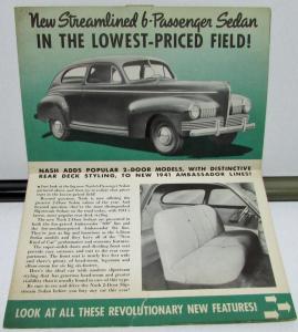 1941 Nash Dealer Sales Brochure Mailer Streamlined 6 Passenger Sedan Original