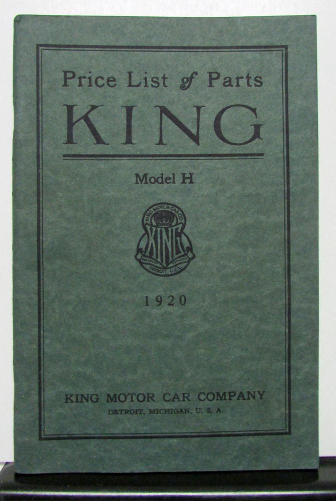 1920 King Model H Price List of Parts Book Original