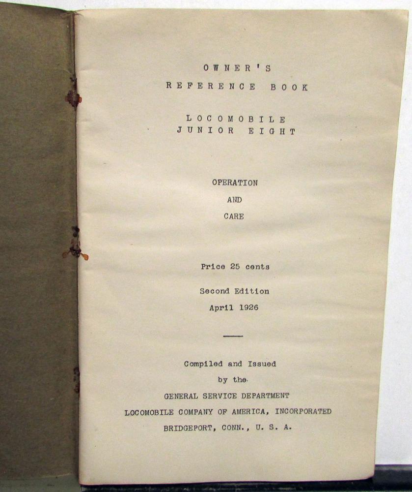 1926 Locomobile Junior Eight JR-8 Owners Manual Original
