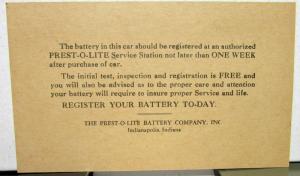 1938 Packard Prest O Lite Storage Battery Registration Card Original Rare
