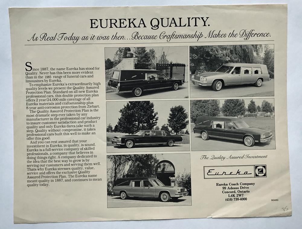 1985 Cadillac Eureka Coach Limousine Hearse Canada Sales Brochure