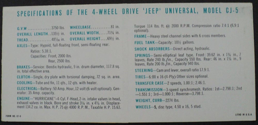 1961 4WD Jeep Universal Model CJ-5 Sales Brochure 4-Cyl F-Head Hurricane Engine