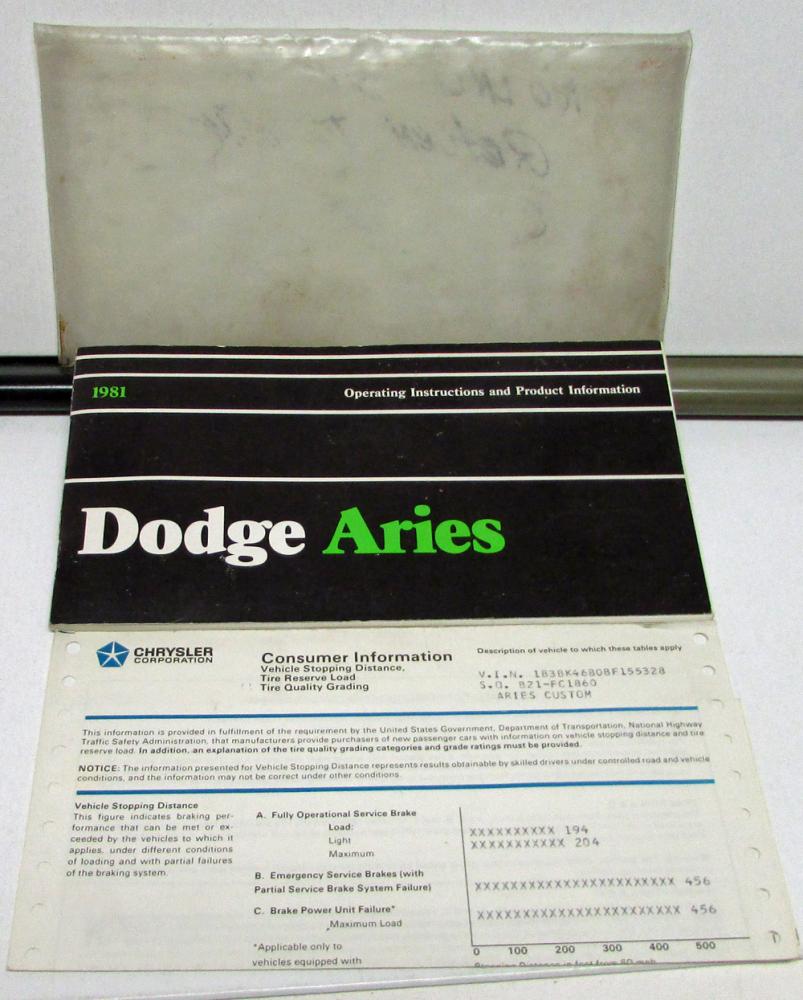 1981 Dodge Aries Owners Manual Care & Operations Instructions Original