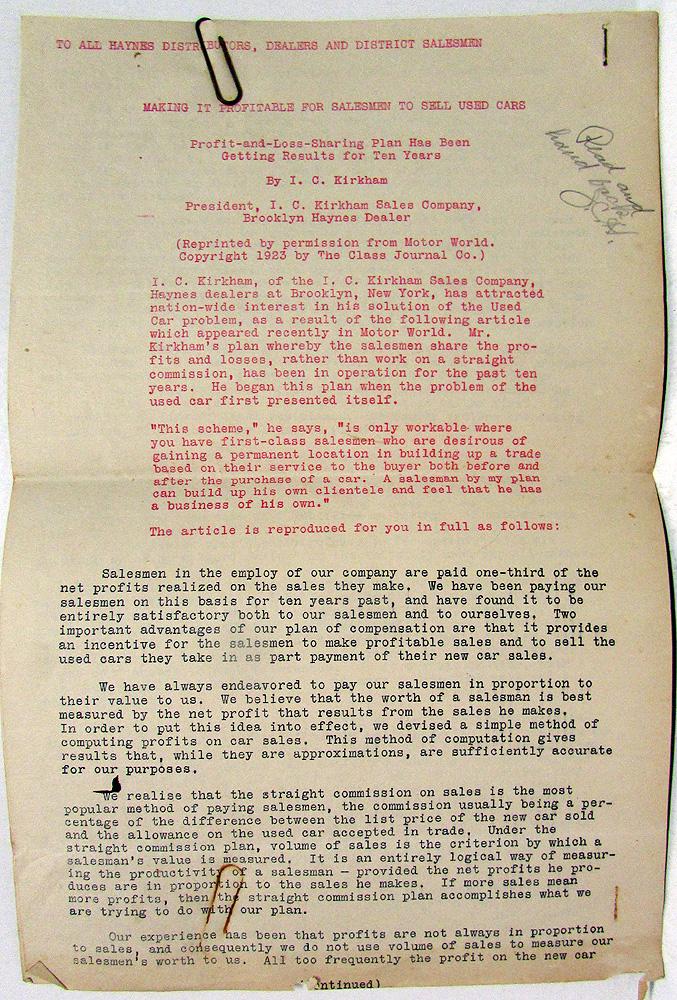 1923 Haynes Selling Used Cars Marketing Letter to Distributors Dealers Salesmen