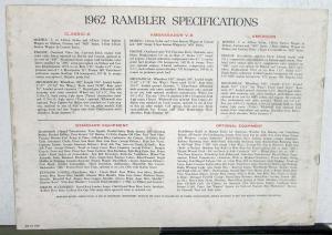 1962 AMC Rambler Ambassador V8 American Classic 6 Sales Brochure Original
