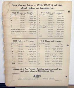 1939 Hudson & Terraplane Color Paint Chips Leaflets By DuPont