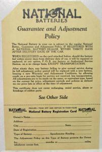 1940 Hudson National Battery Instruction and Guarantee & Adjustment Policy Card