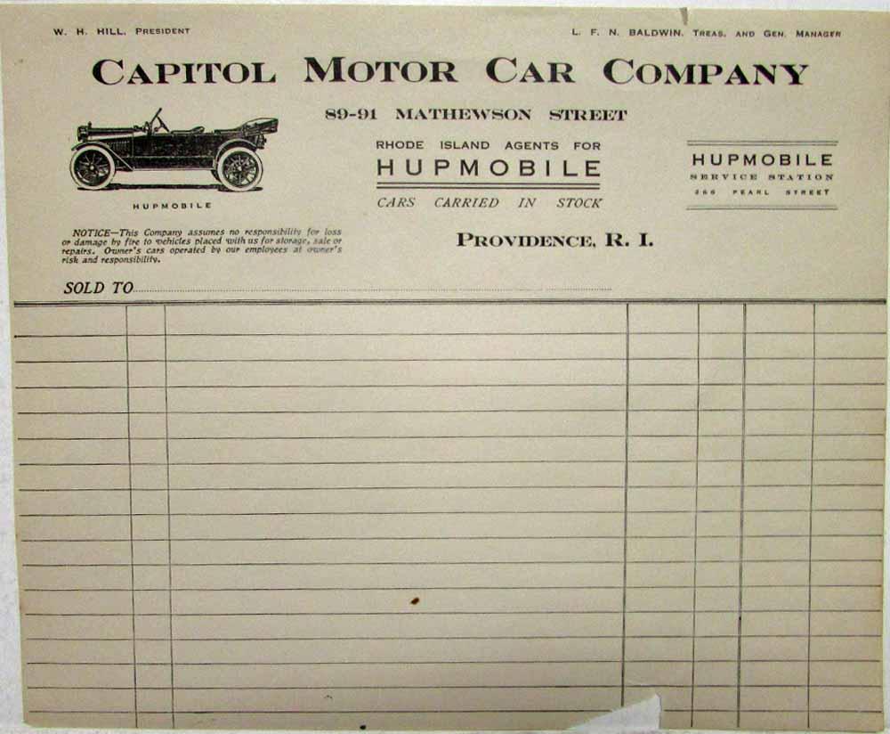 1913 thru 1919 Hupmobile Receipt Capitol Motor Car Co Providence RI Original