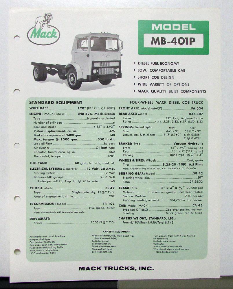 1966 Mack Truck Model MB 401P Specification Sheet