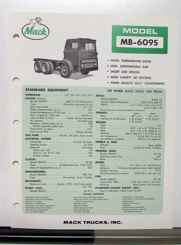 1966 Mack Truck Model MB 609S Specification Sheet