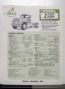 1966 Mack Truck Model R 731T 737T Specification Sheet