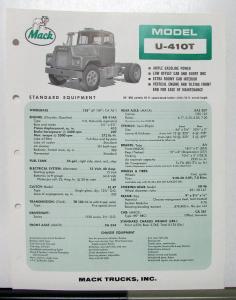 1966 Mack Truck Model U 410T Specification Sheet