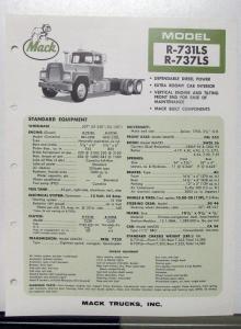 1966 Mack Truck Model R 731LS 737LS Specification Sheet
