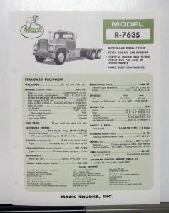 1966 Mack Truck Model R 763S Specification Sheet