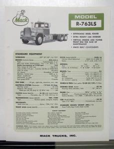 1966 Mack Truck Model R 763LS Specification Sheet