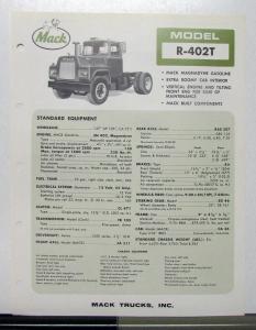 1966 Mack Truck Model R 402T Specification Sheet
