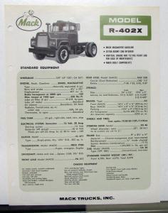 1966 Mack Truck Model R 402X Specification Sheet