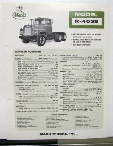 1966 Mack Truck Model R 403S Specification Sheet