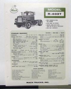 1966 Mack Truck Model R 403T Specification Sheet