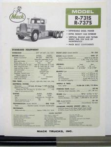 1966 Mack Truck Model R 731S 737S Specification Sheet