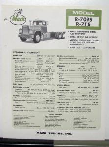 1966 Mack Truck Model R 709S 711S Specification Sheet