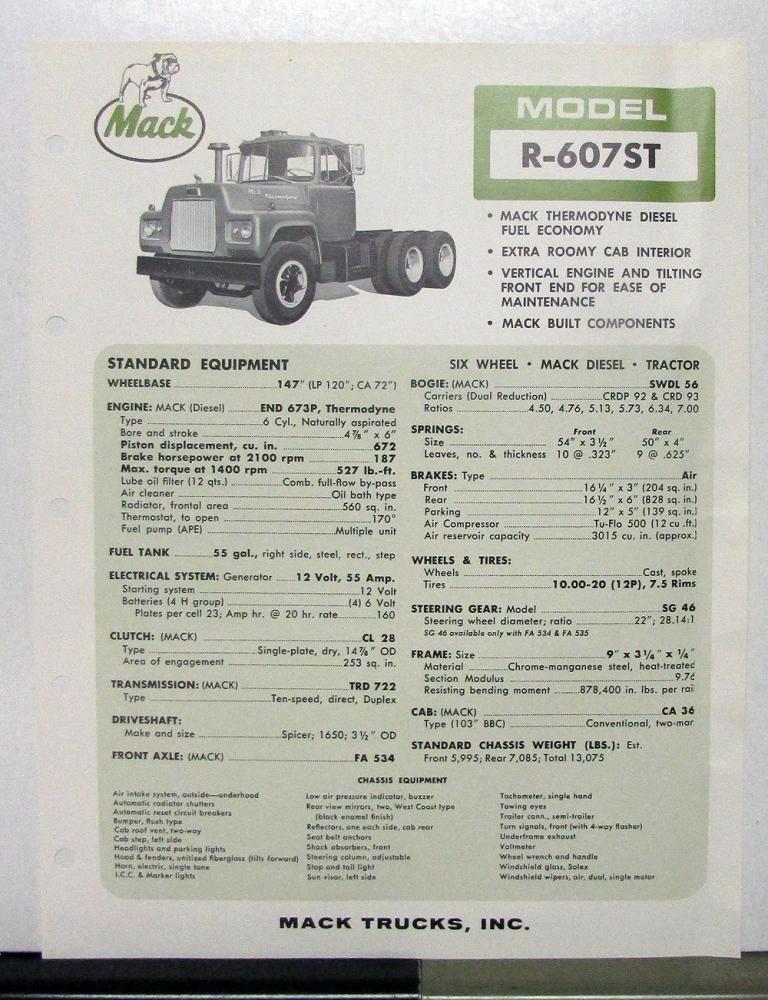 1966 1967 Mack Truck Model R 607ST Specification Sheet | AutoPaper