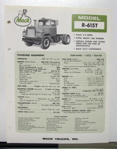 1967 Mack Truck Model R 615T Specification Sheet