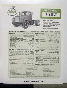 1967 Mack Truck Model R 615LT Specification Sheet