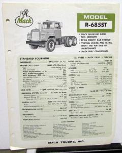 1967 Mack Truck Model R 685ST Specification Sheet