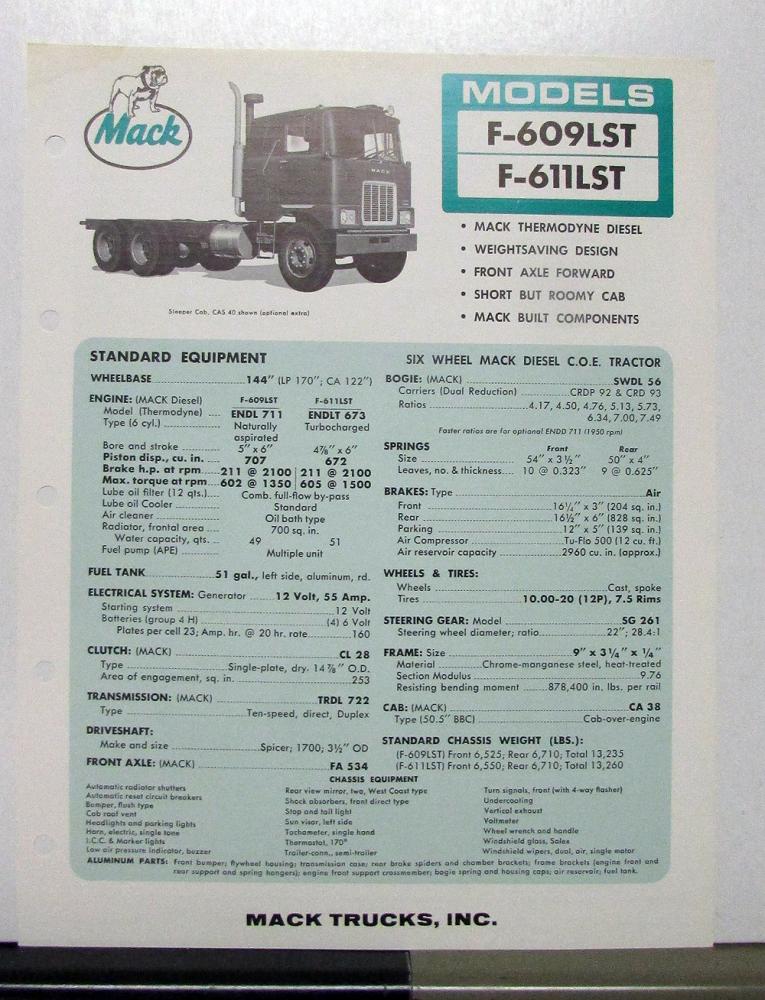 1967 Mack Truck Model F 609LST 611LST Specification Sheet