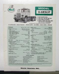 1967 Mack Truck Model U 685LST Specification Sheet