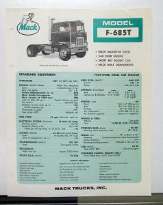 1967 Mack Truck Model F 685T Specification Sheet