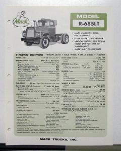 1967 Mack Truck Model R 685LT Specification Sheet