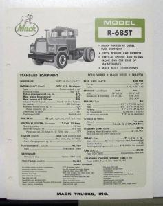 1967 Mack Truck Model R 685T Specification Sheet
