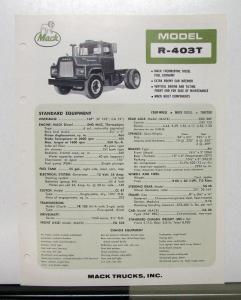 1967 Mack Truck Model R 403T Specification Sheet