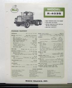 1967 Mack Truck Model R 403S Specification Sheet