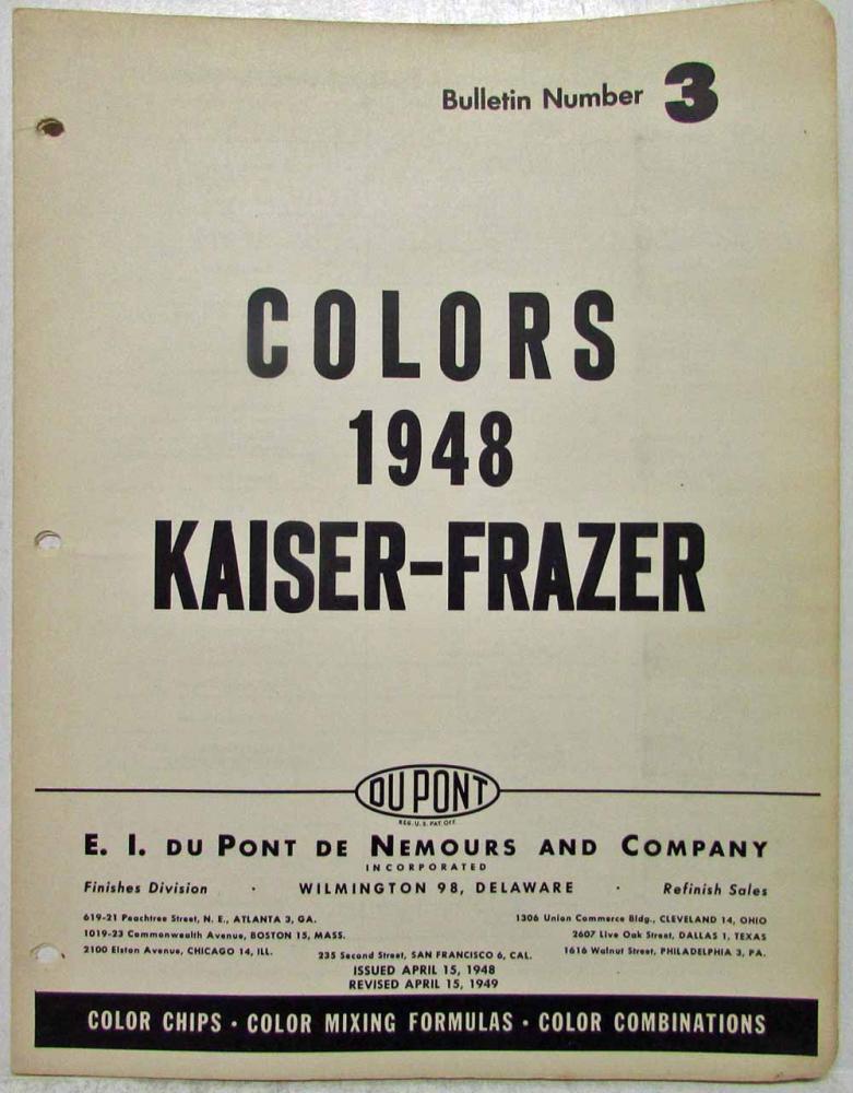 1948 Kaiser Frazer Dupont Paint Chips Color Combinations Codes Bulletin No 3
