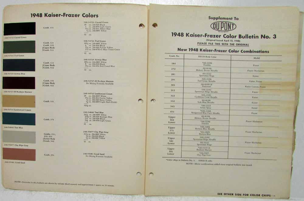 1948 Kaiser Frazer Dupont Paint Chips Color Combinations Codes Bulletin No 3